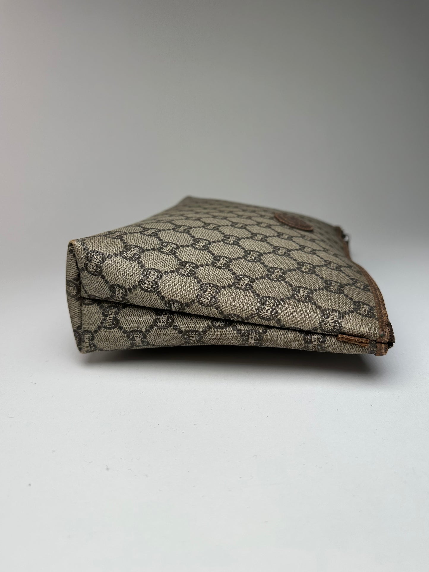 Vintage Gucci Monogram Leather Clutch Grey Brown