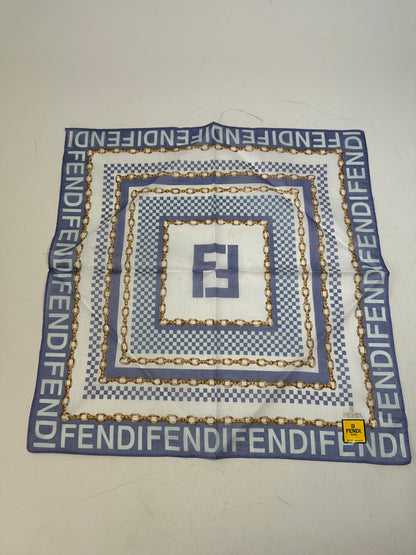 Vintage Fendi FF Logo Silk Scarf Chain Print White Blue Gold