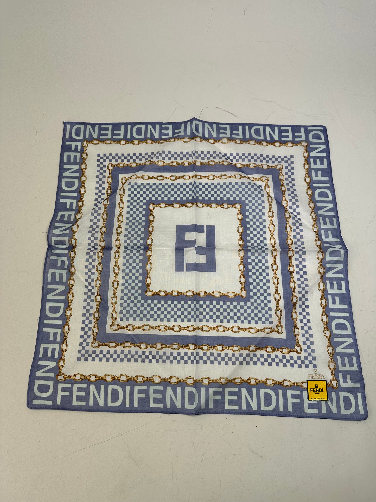 Vintage Fendi FF Logo Silk Scarf Chain Print White Blue Gold