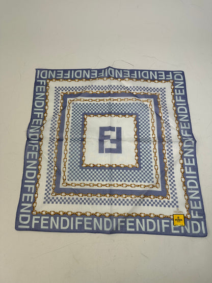 Vintage Fendi FF Logo Silk Scarf Chain Print White Blue Gold
