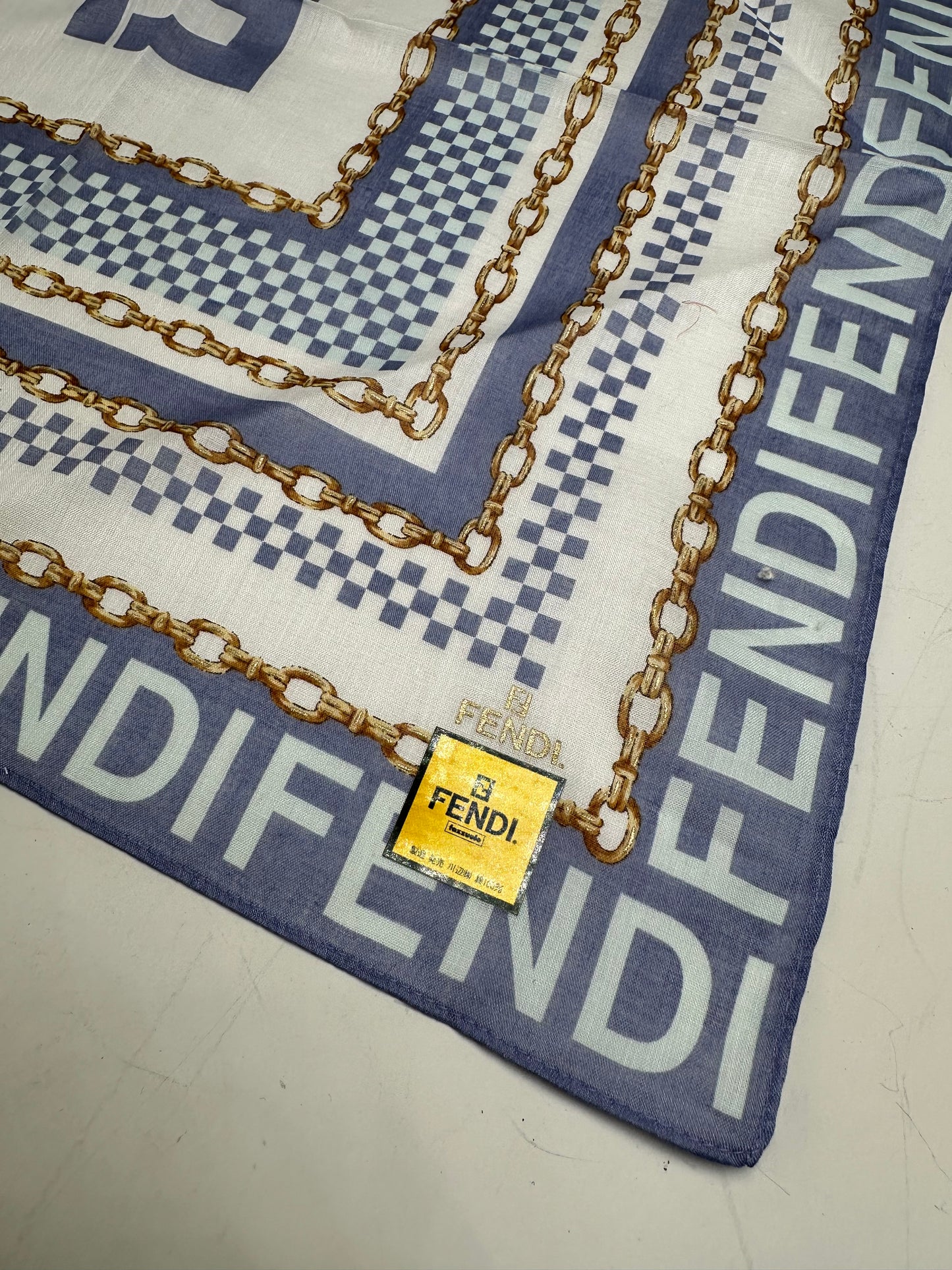 Vintage Fendi FF Logo Silk Scarf Chain Print White Blue Gold