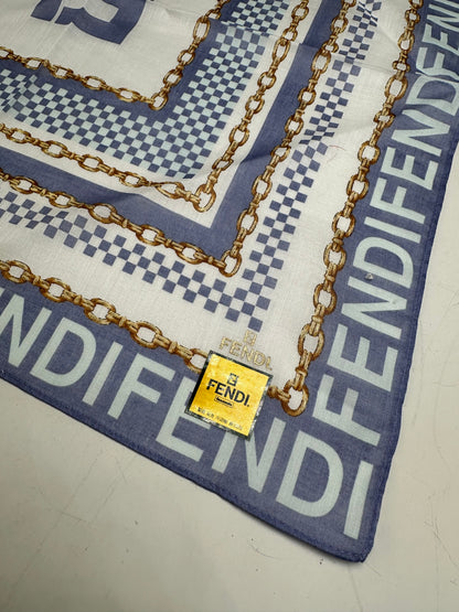 Vintage Fendi FF Logo Silk Scarf Chain Print White Blue Gold
