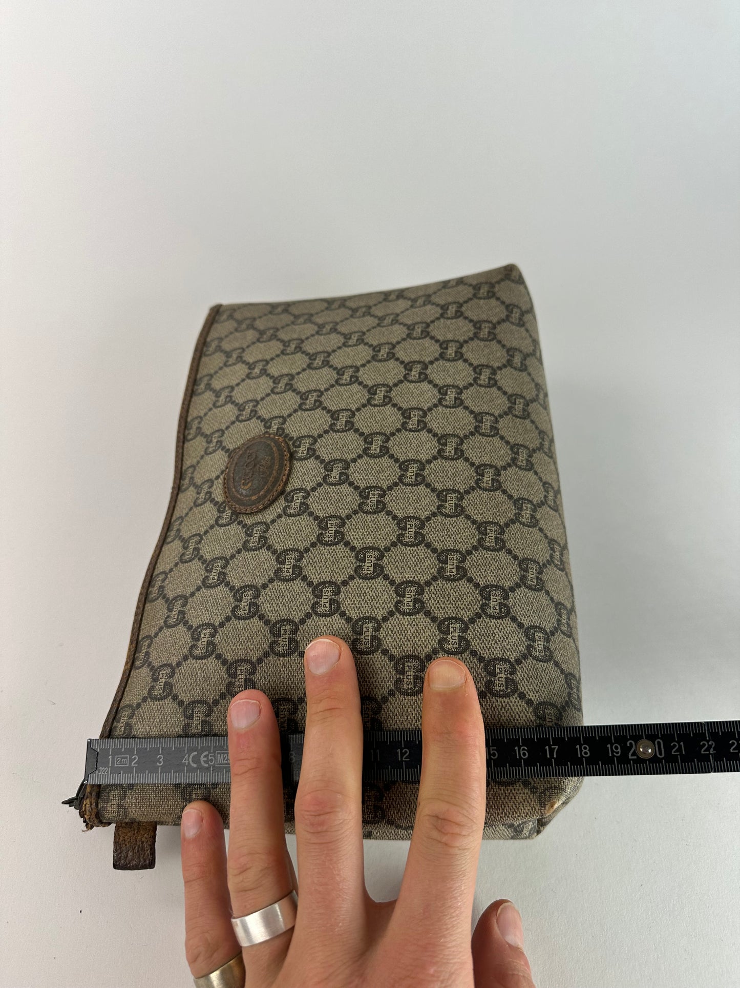 Vintage Gucci Monogram Leather Clutch Grey Brown