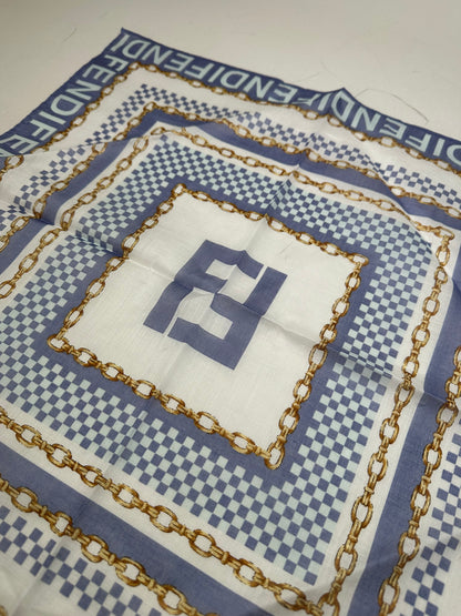 Vintage Fendi FF Logo Silk Scarf Chain Print White Blue Gold