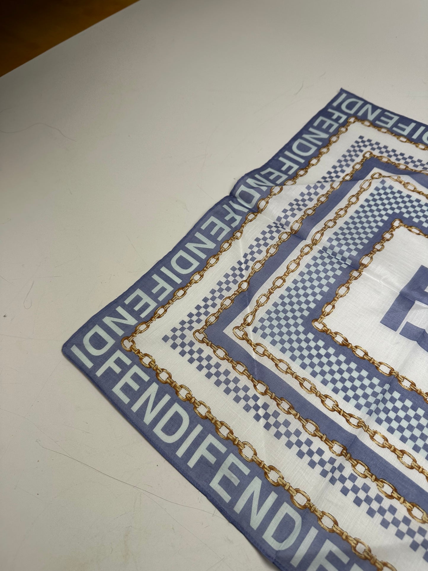 Vintage Fendi FF Logo Silk Scarf Chain Print White Blue Gold