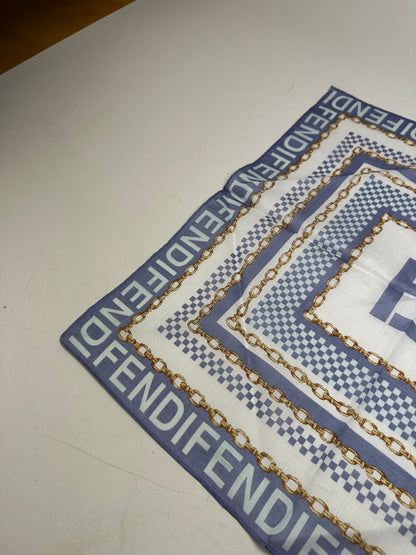 Vintage Fendi FF Logo Silk Scarf Chain Print White Blue Gold