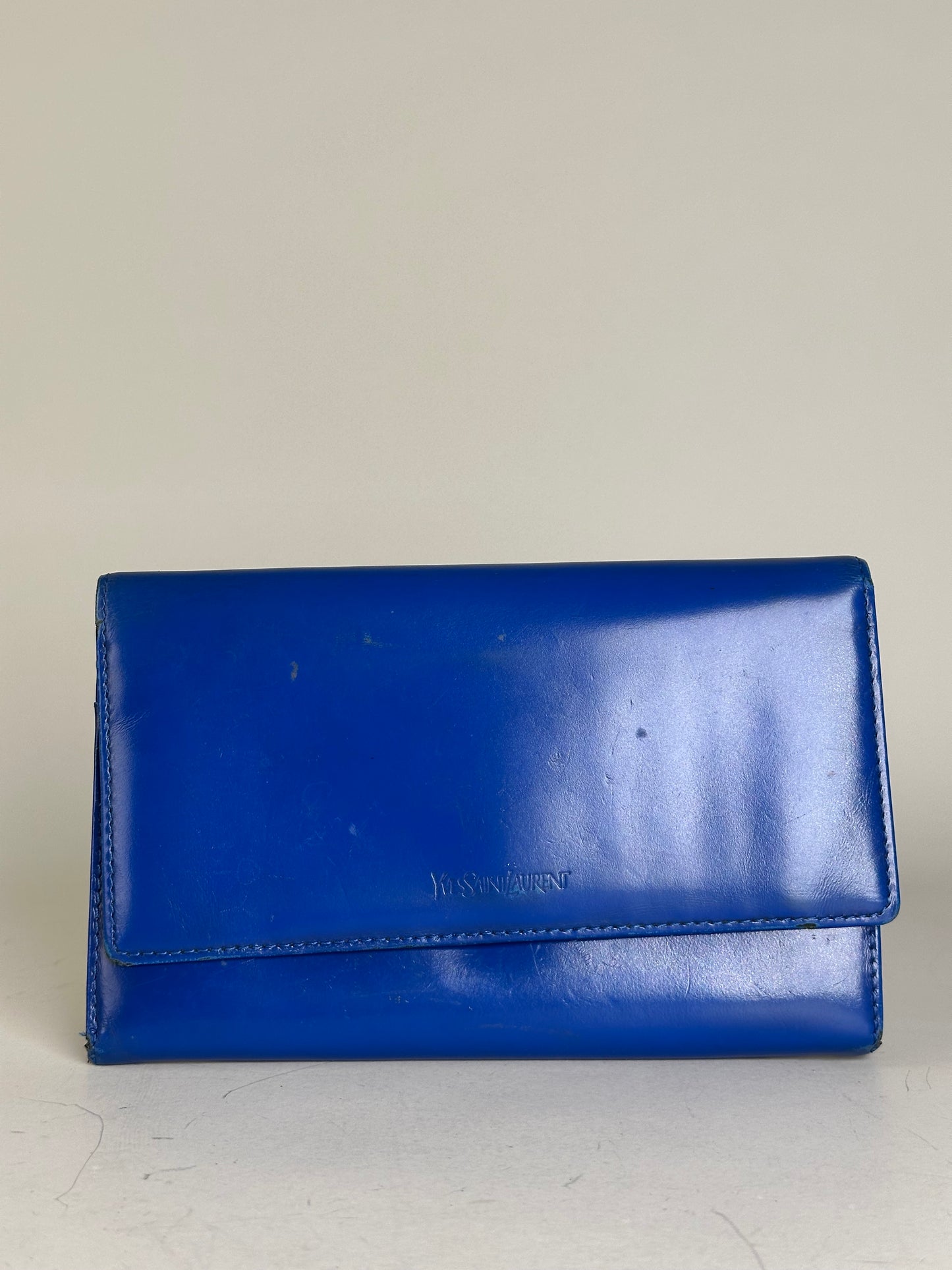 Vintage Yves Saint Laurent Leather Wallet Blue Gold-tone Snap