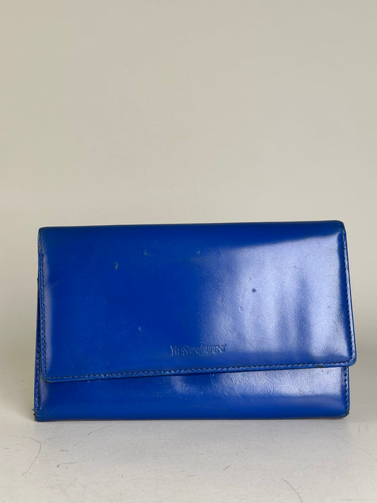 Vintage Yves Saint Laurent Leather Wallet Blue Gold-tone Snap