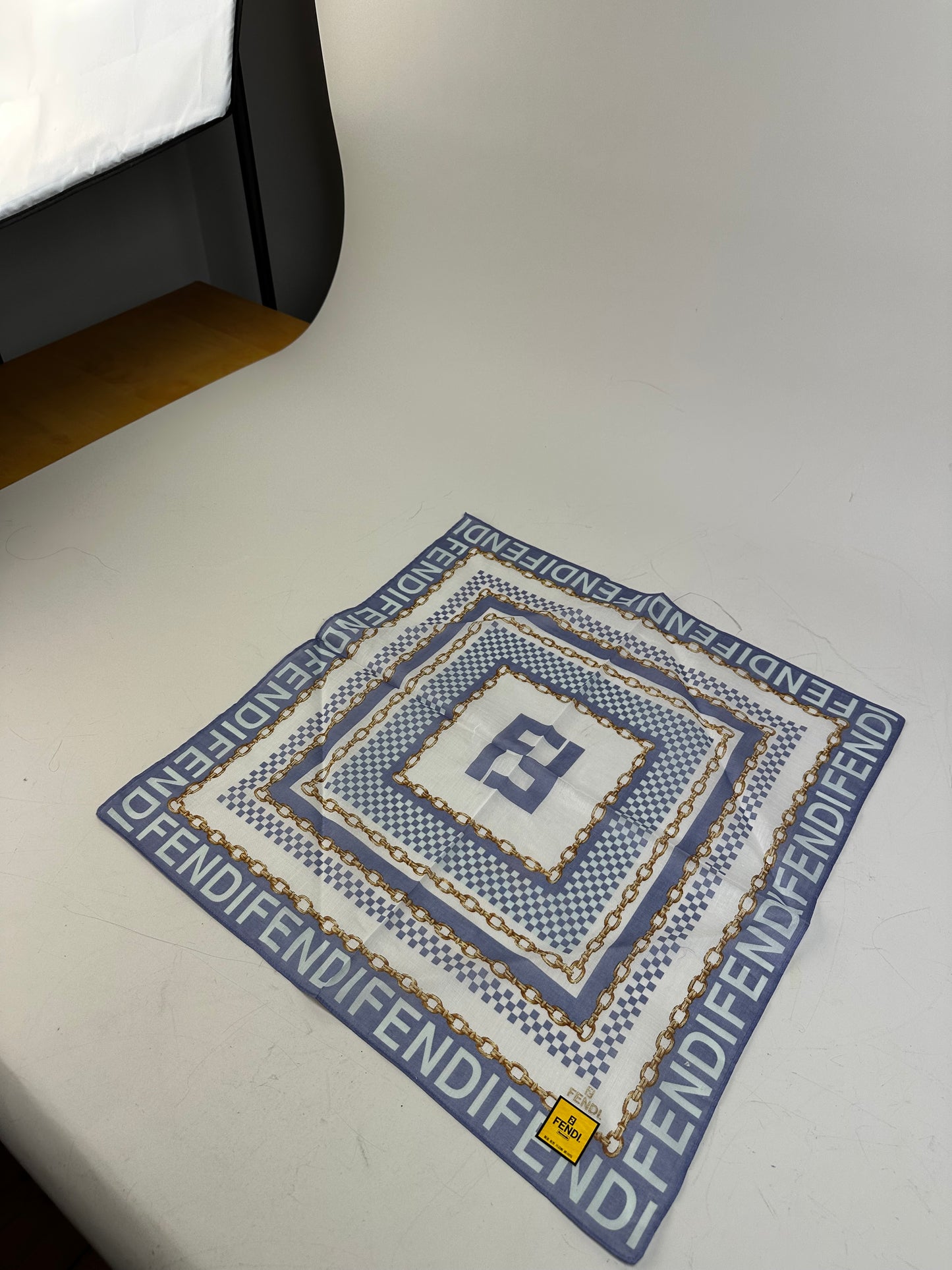 Vintage Fendi FF Logo Silk Scarf Chain Print White Blue Gold