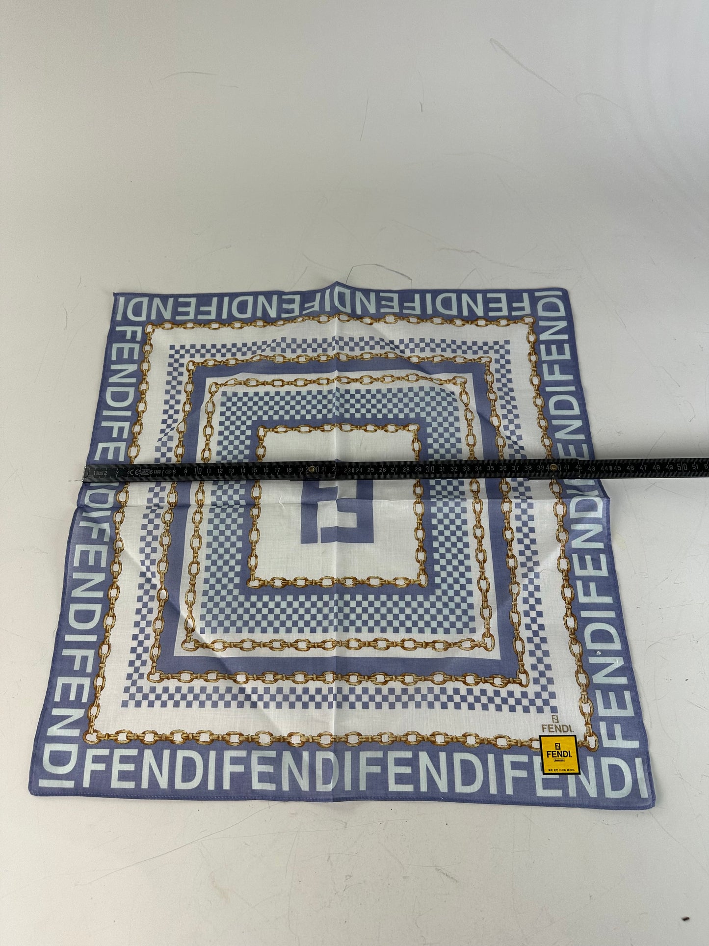 Vintage Fendi FF Logo Silk Scarf Chain Print White Blue Gold