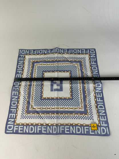 Vintage Fendi FF Logo Silk Scarf Chain Print White Blue Gold