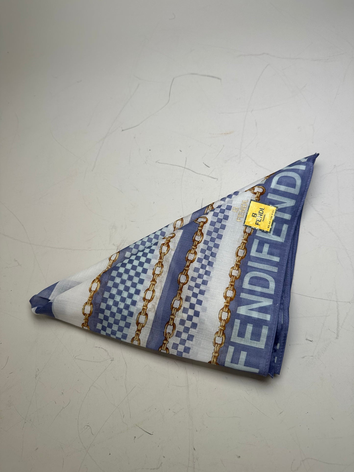 Vintage Fendi FF Logo Silk Scarf Chain Print White Blue Gold