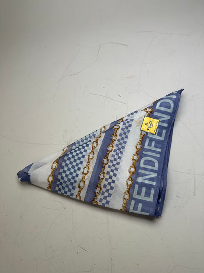 Vintage Fendi FF Logo Silk Scarf Chain Print White Blue Gold
