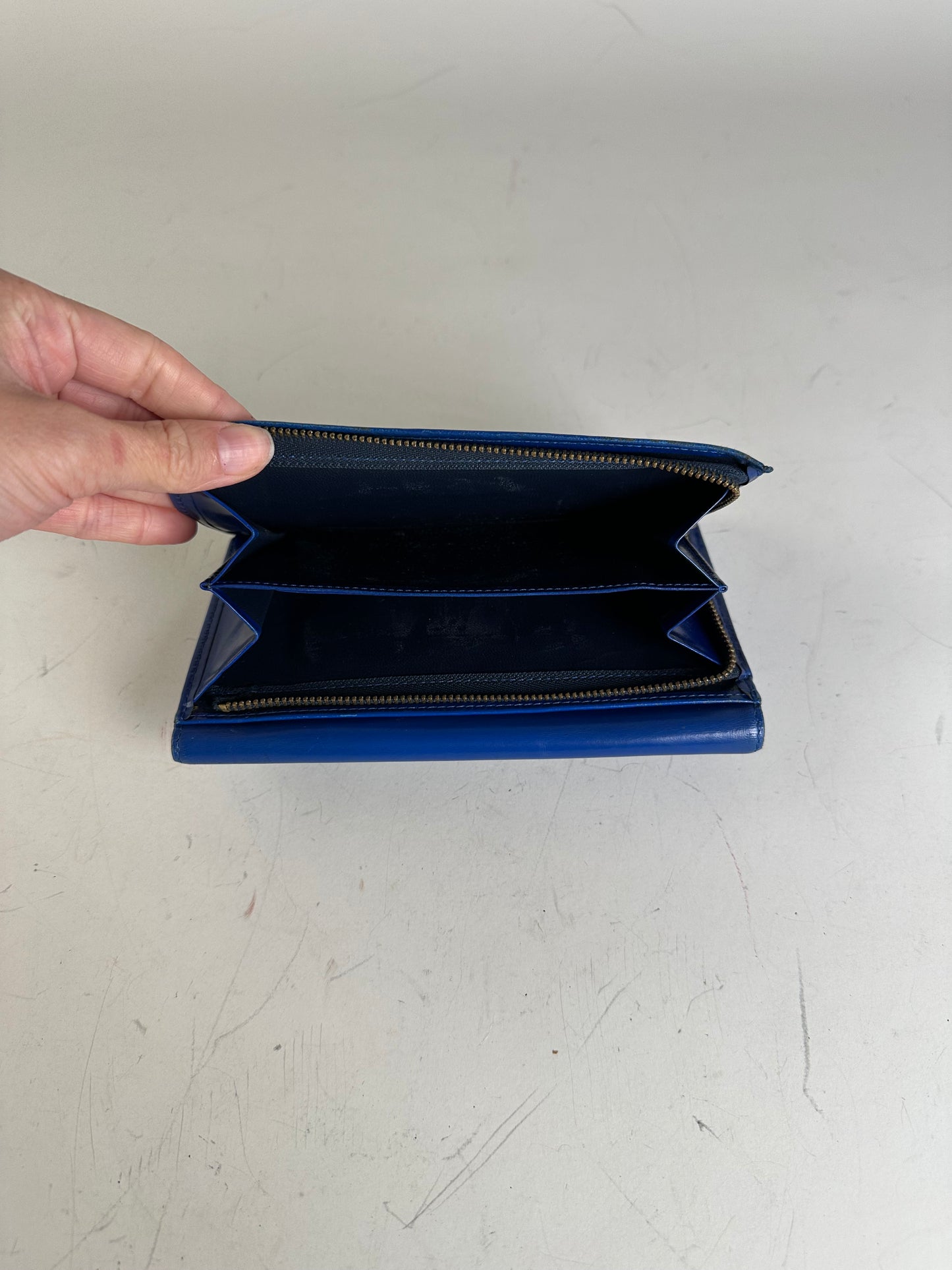 Vintage Yves Saint Laurent Leather Wallet Blue Gold-tone Snap