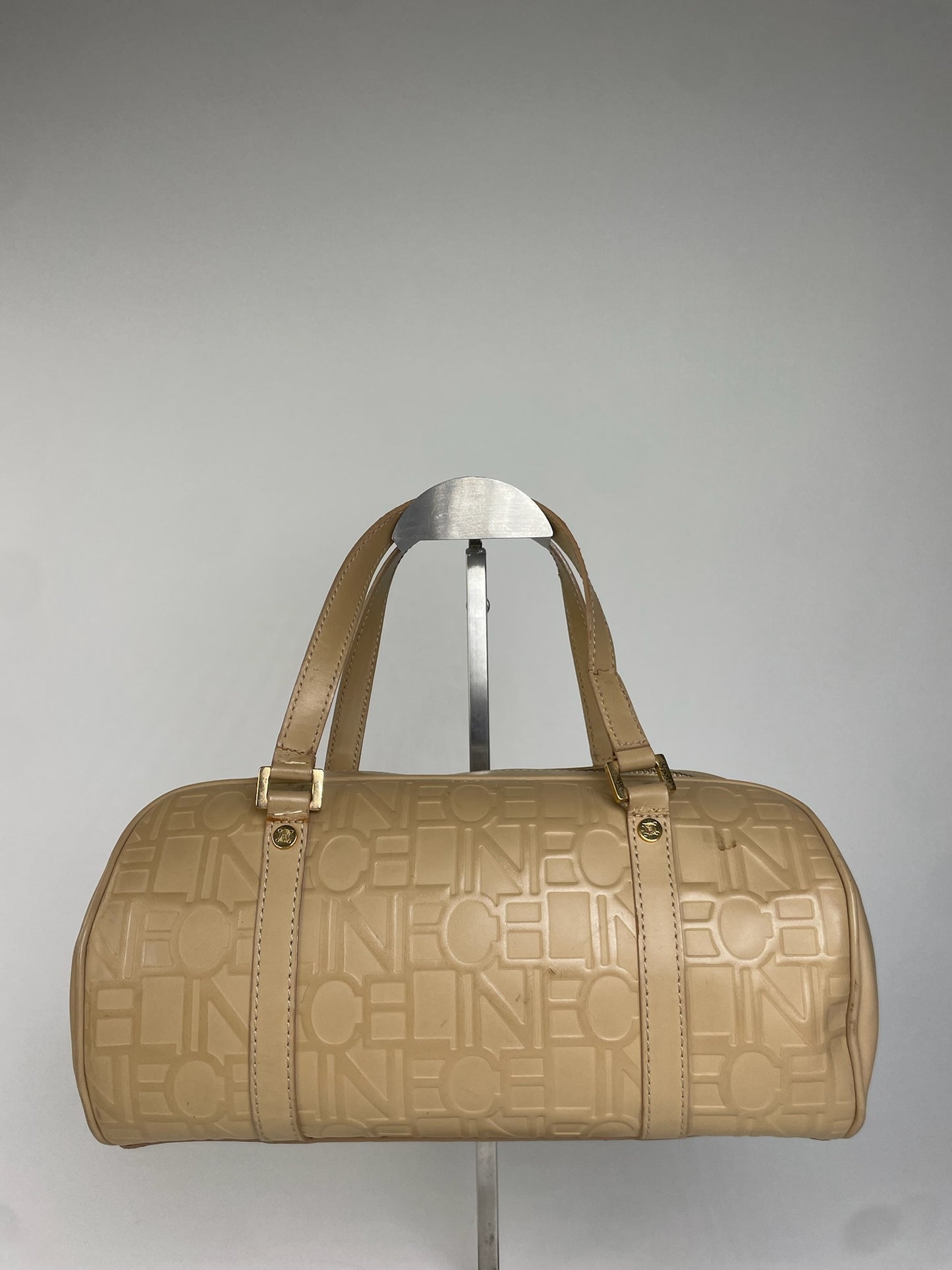 Celine Beige Leather Bowling Bag Embossed Logo Pattern