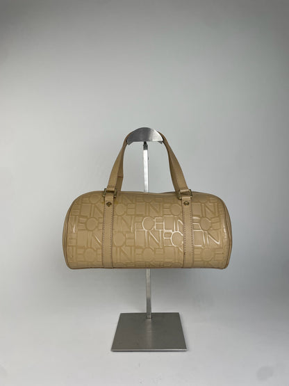 Celine Beige Leather Bowling Bag Embossed Logo Pattern