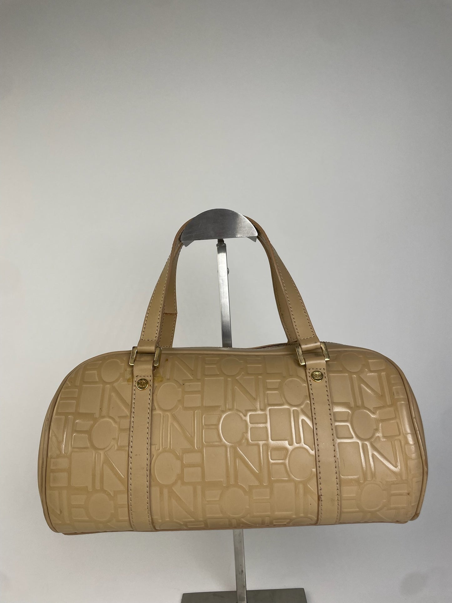 Celine Beige Leather Bowling Bag Embossed Logo Pattern