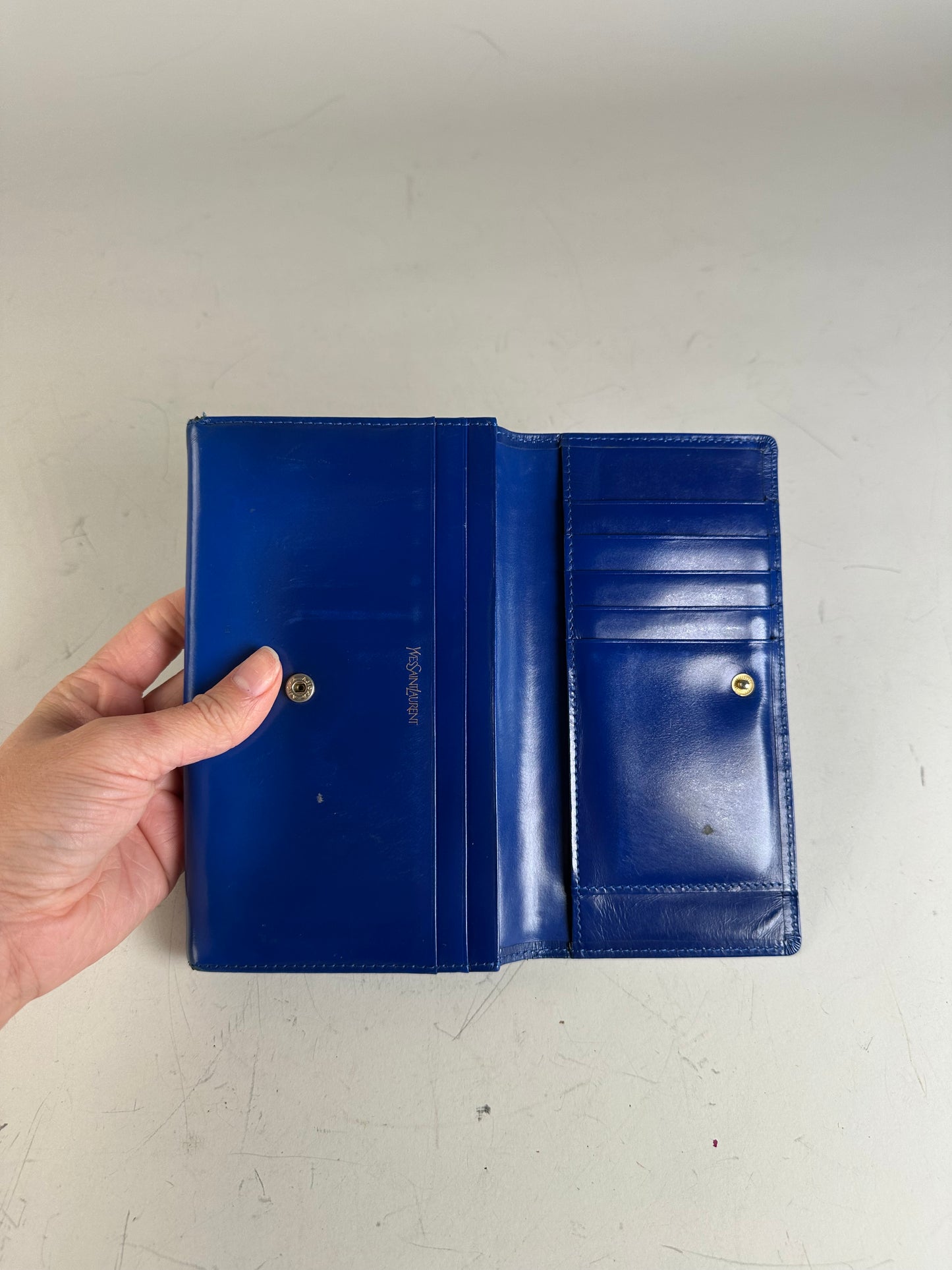 Vintage Yves Saint Laurent Leather Wallet Blue Gold-tone Snap