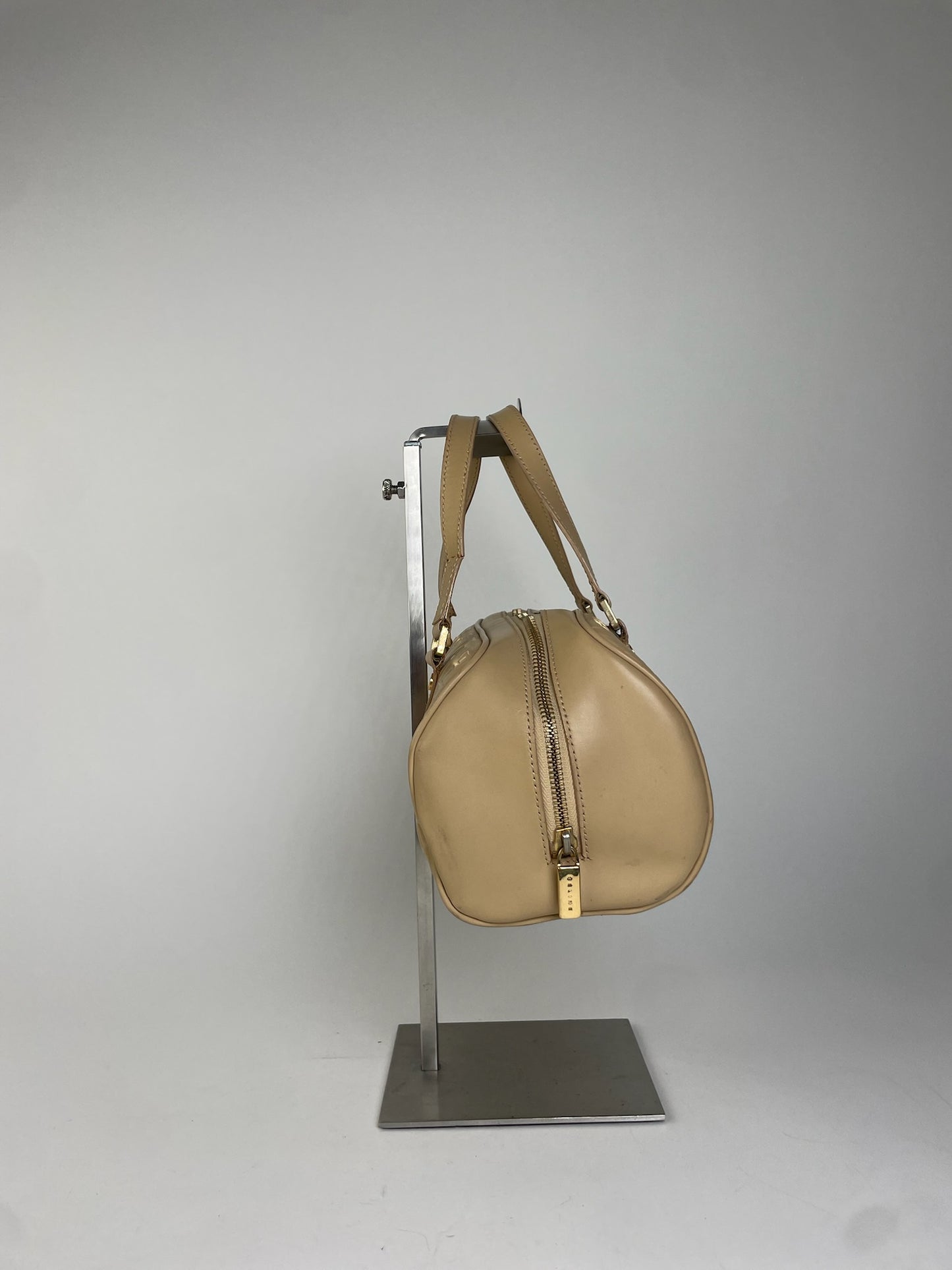 Celine Beige Leather Bowling Bag Embossed Logo Pattern