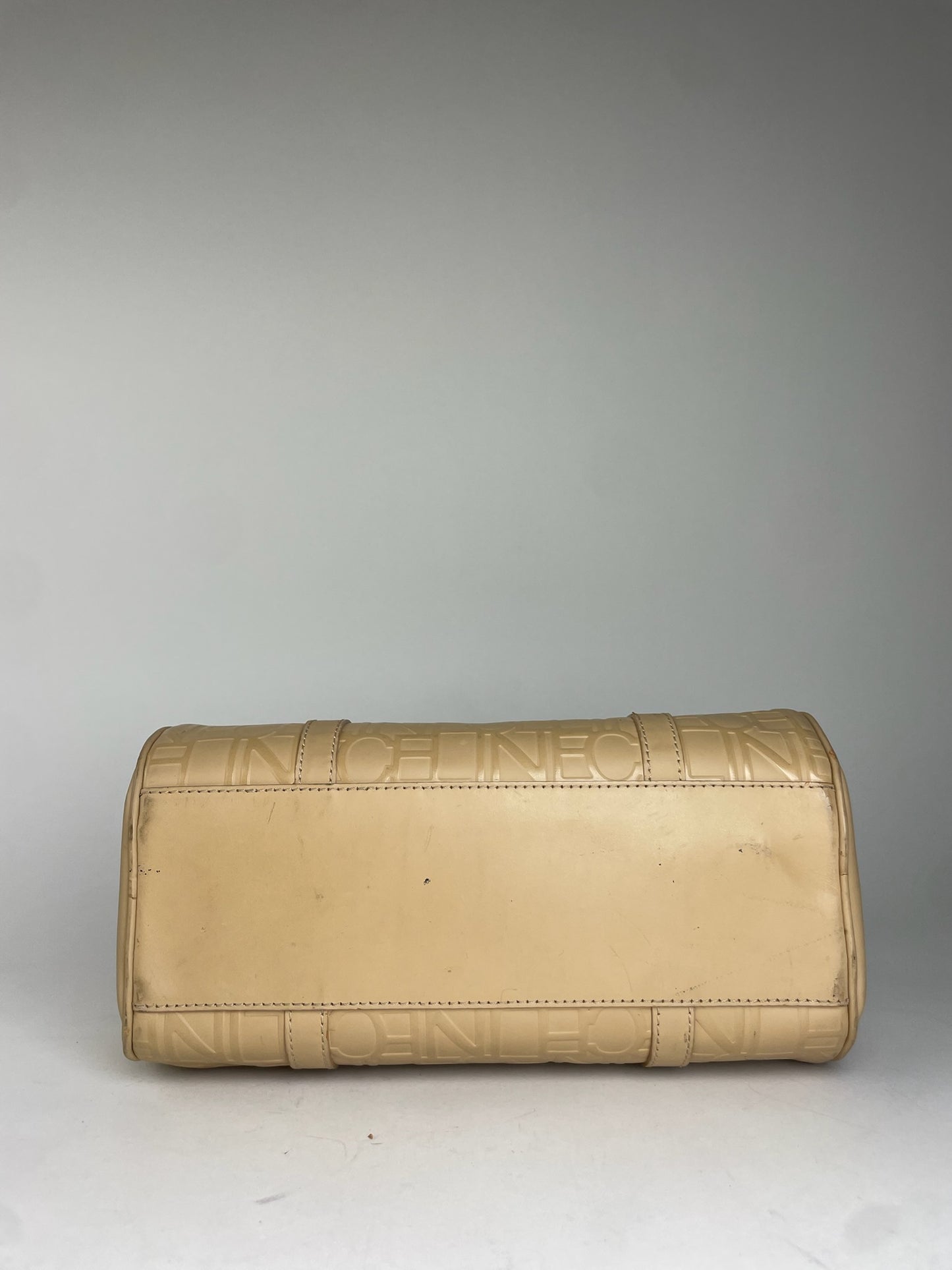 Celine Beige Leather Bowling Bag Embossed Logo Pattern