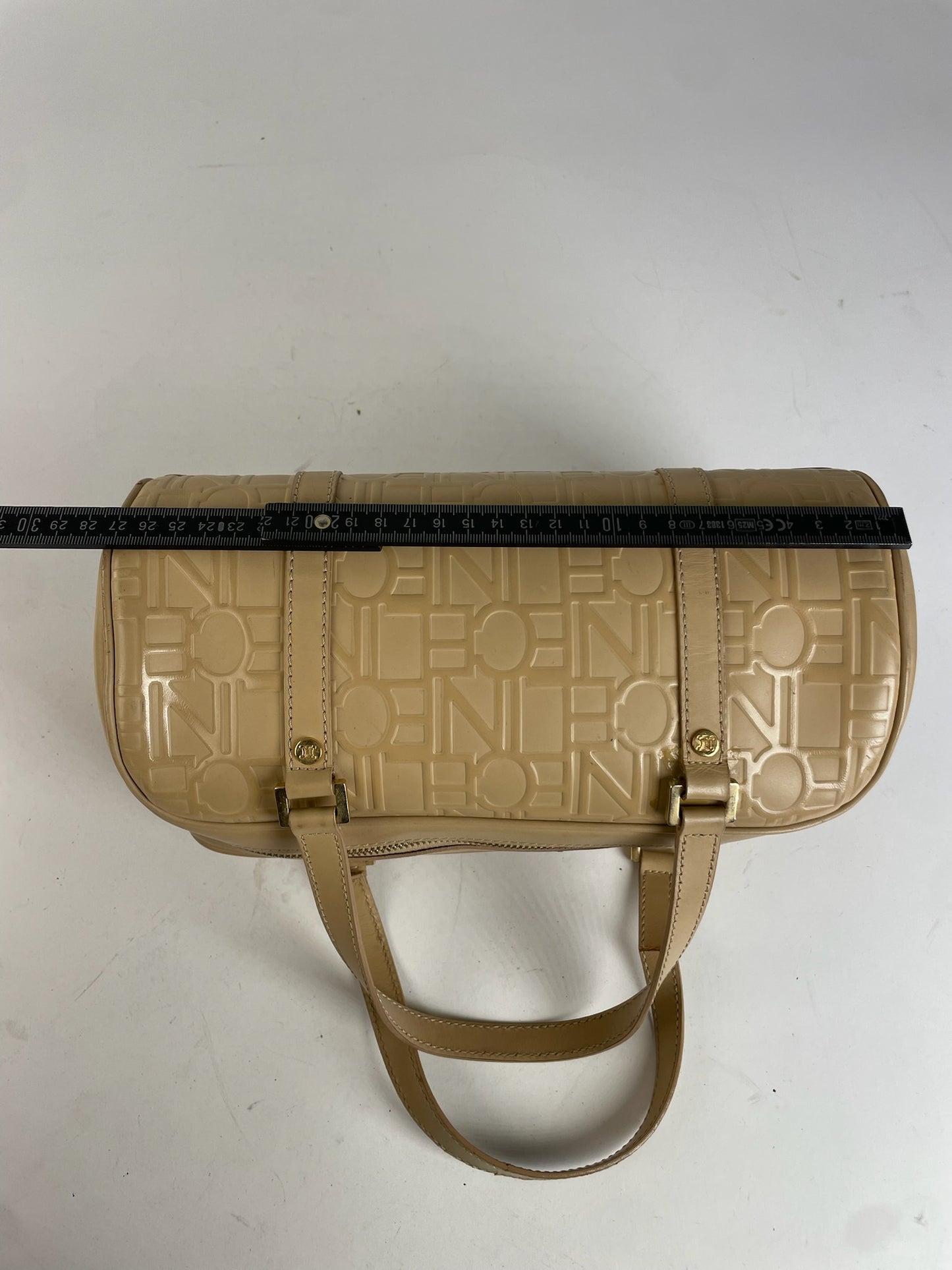 Celine Beige Leather Bowling Bag Embossed Logo Pattern