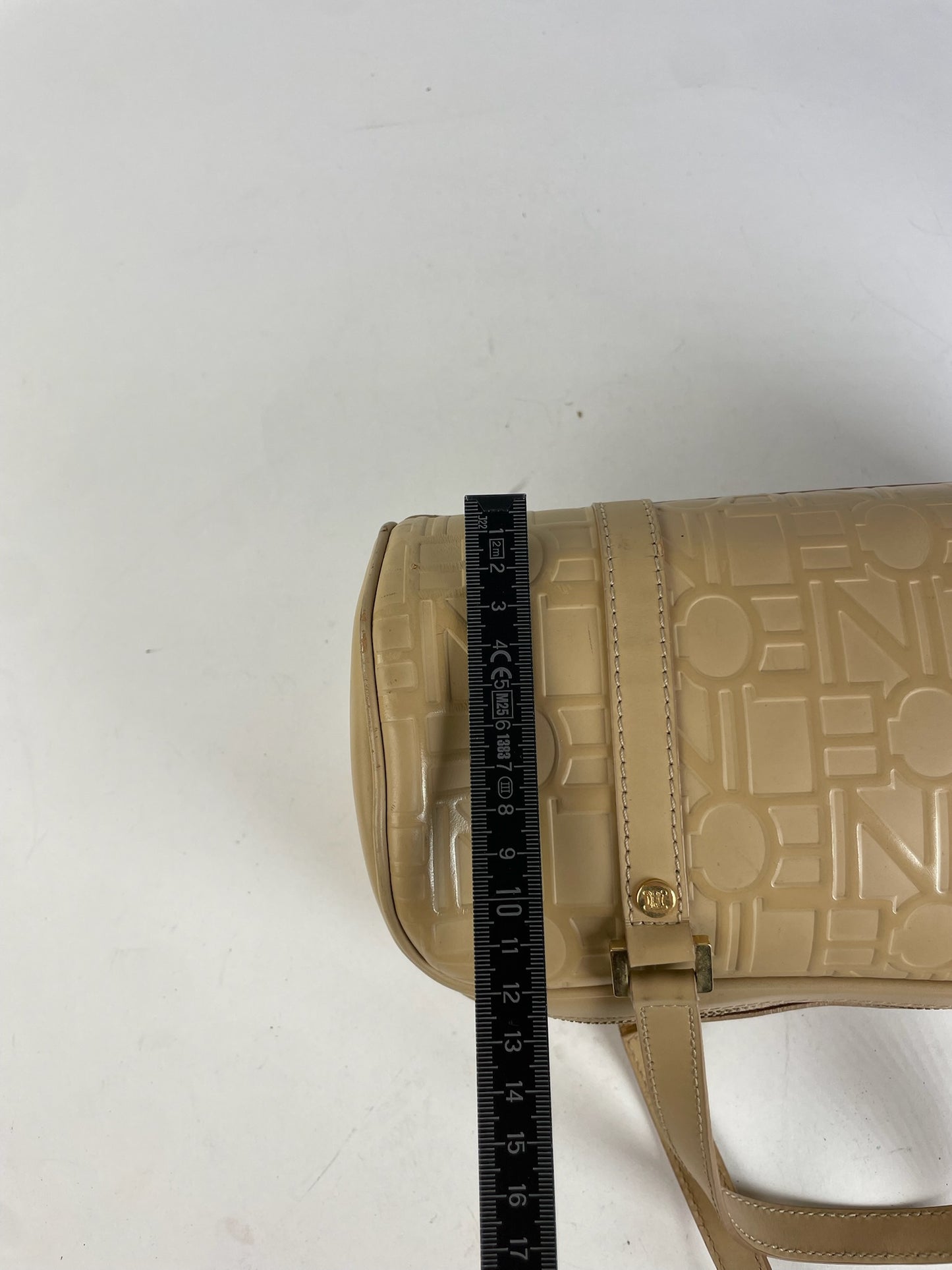 Celine Beige Leather Bowling Bag Embossed Logo Pattern