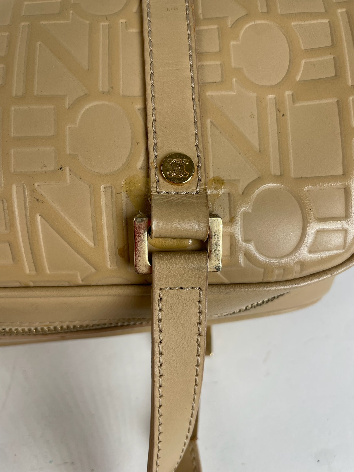 Celine Beige Leather Bowling Bag Embossed Logo Pattern