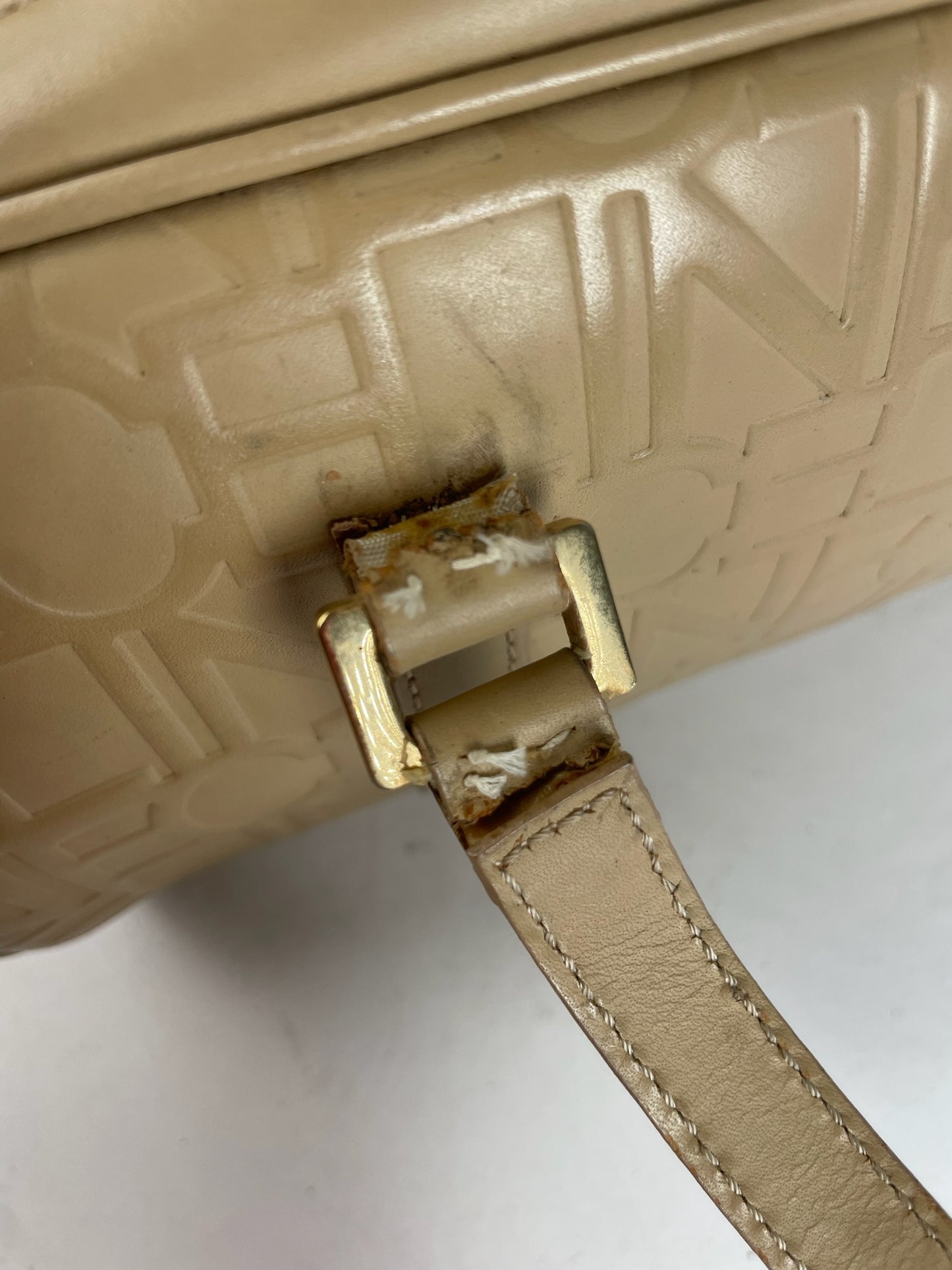 Celine Beige Leather Bowling Bag Embossed Logo Pattern