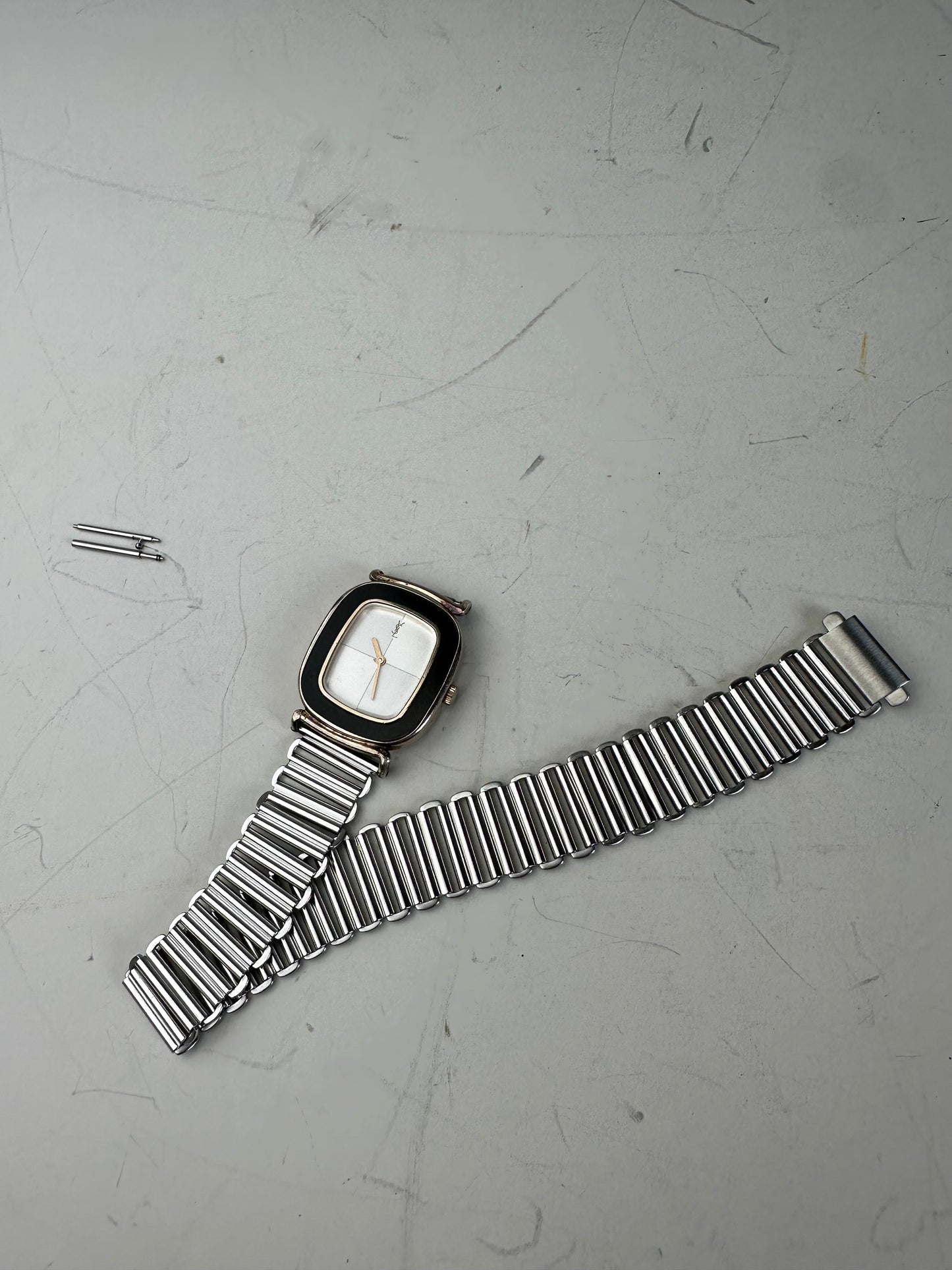 Vintage Saint Laurent Stainless Steel Bracelet Watch Black Silver