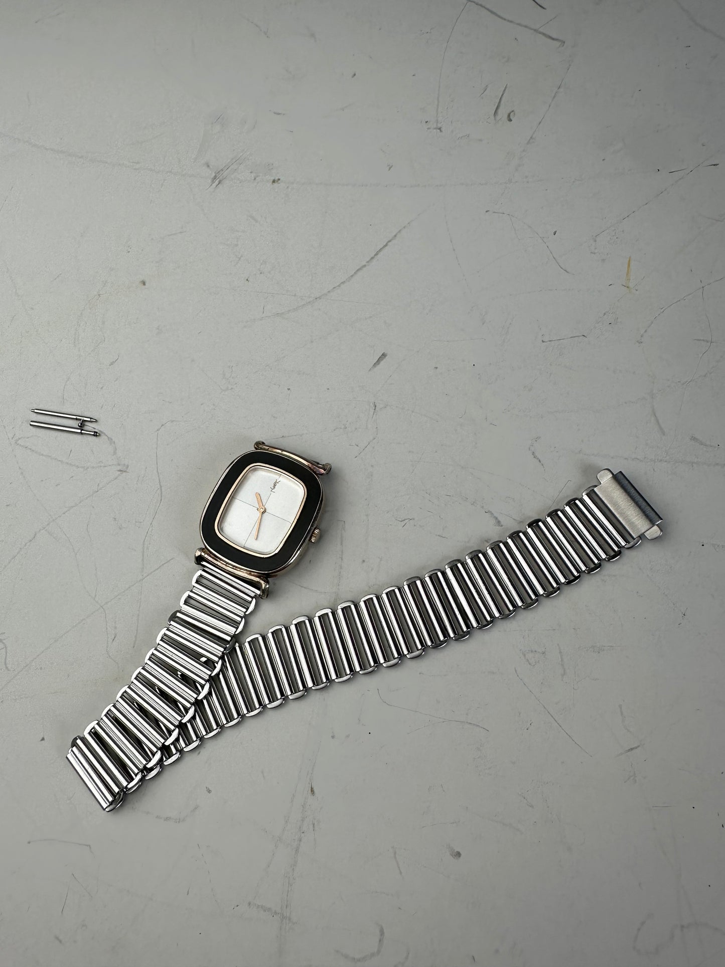 Vintage Saint Laurent Stainless Steel Bracelet Watch Black Silver