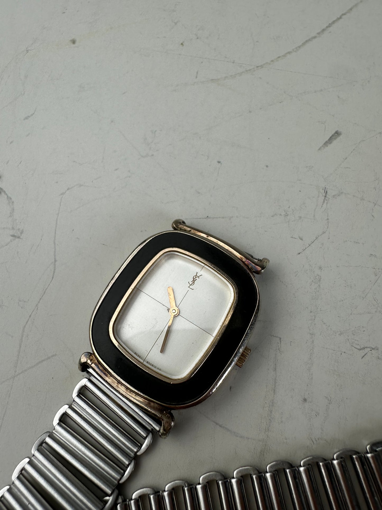 Vintage Saint Laurent Stainless Steel Bracelet Watch Black Silver