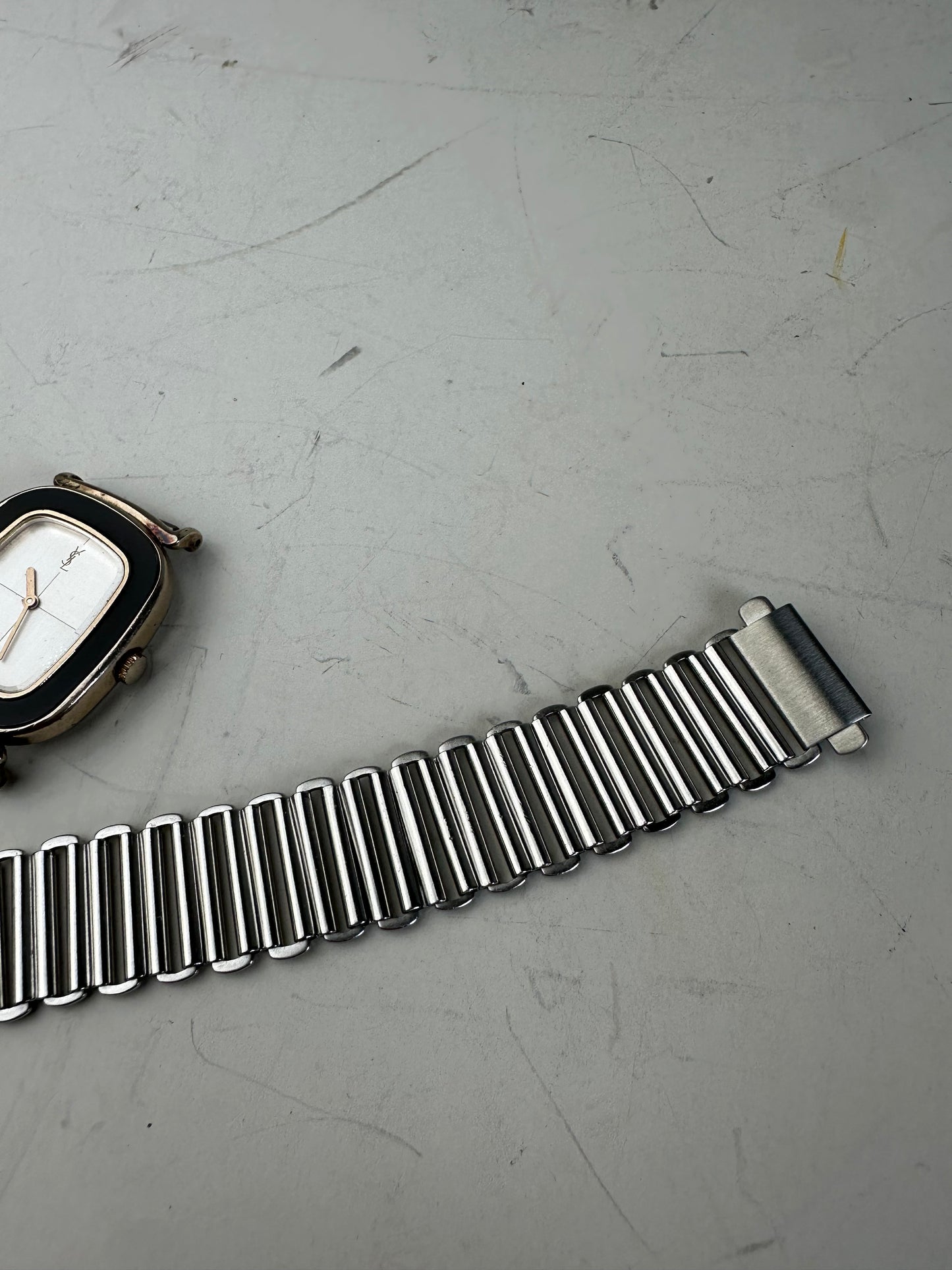 Vintage Saint Laurent Stainless Steel Bracelet Watch Black Silver