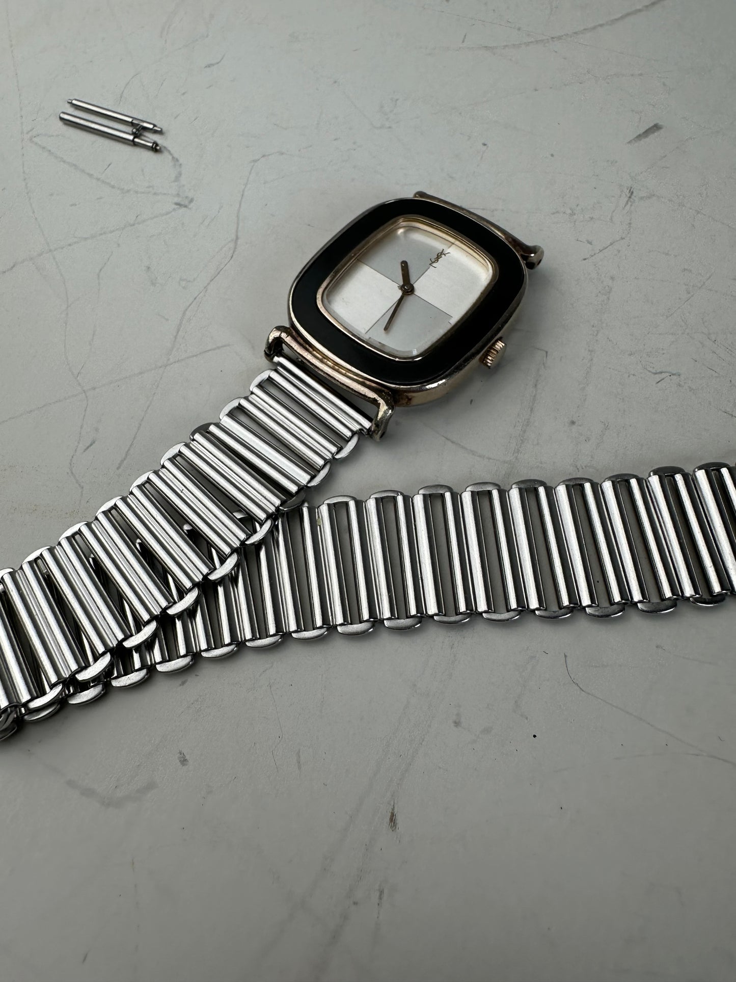 Vintage Saint Laurent Stainless Steel Bracelet Watch Black Silver