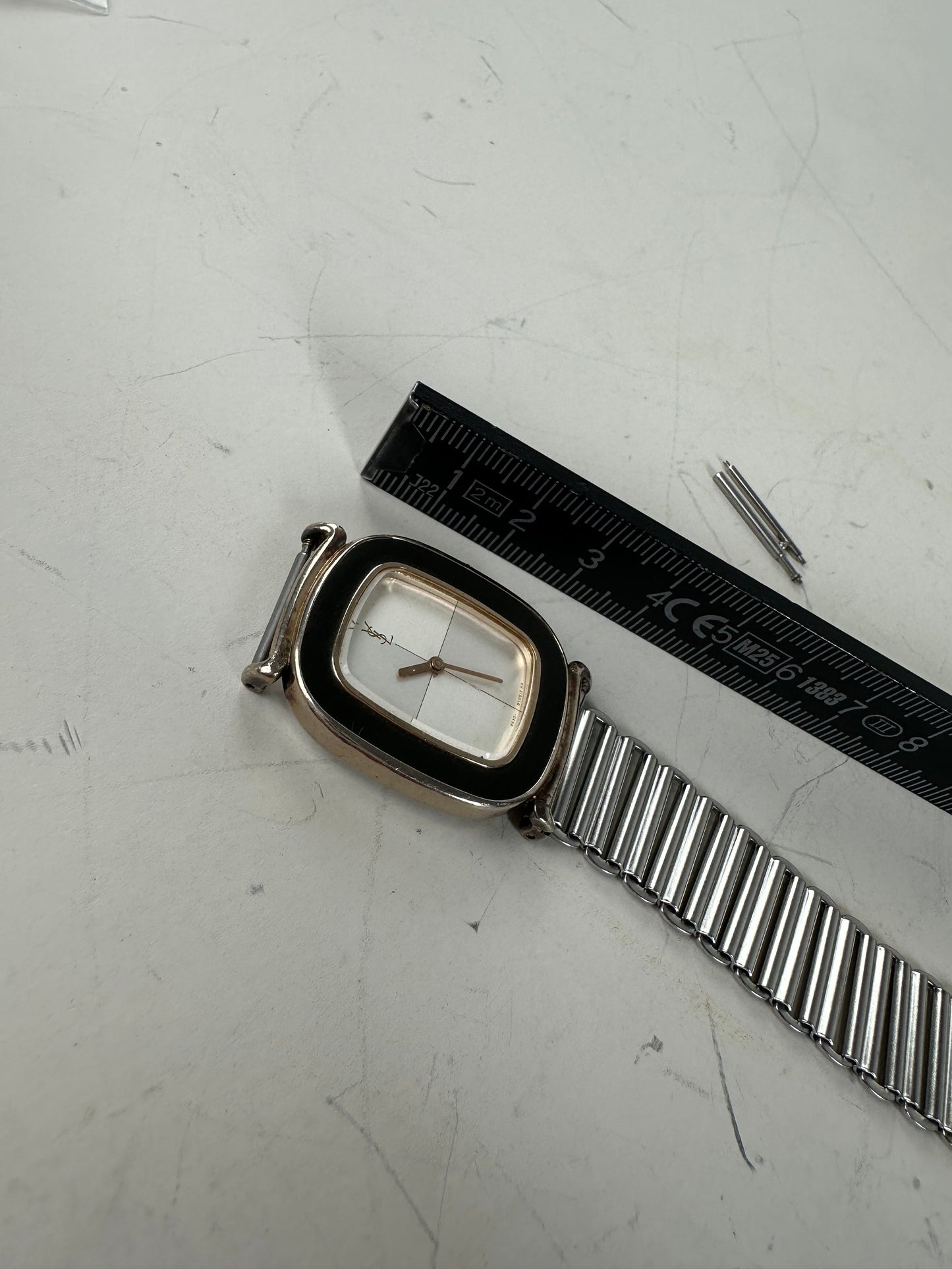 Vintage Saint Laurent Stainless Steel Bracelet Watch Black Silver