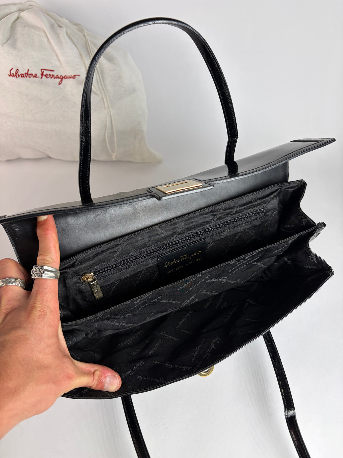 Vintage Ferragamo Patent Structured Top-Handle Bag Late 1990s Black