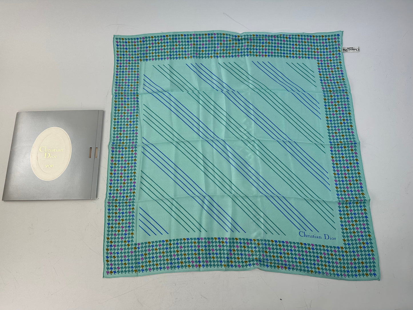 Vintage Dior Logo Silk Scarf Late 1990s Aqua Green Pink