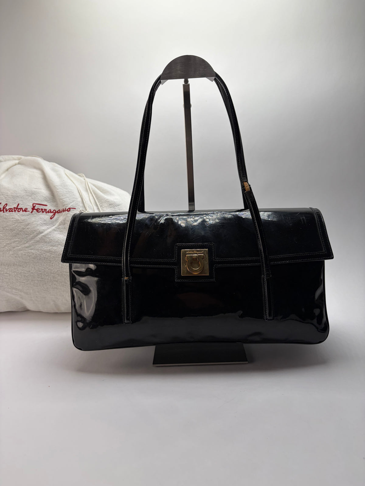 Vintage Ferragamo Patent Structured Top-Handle Bag Late 1990s Black