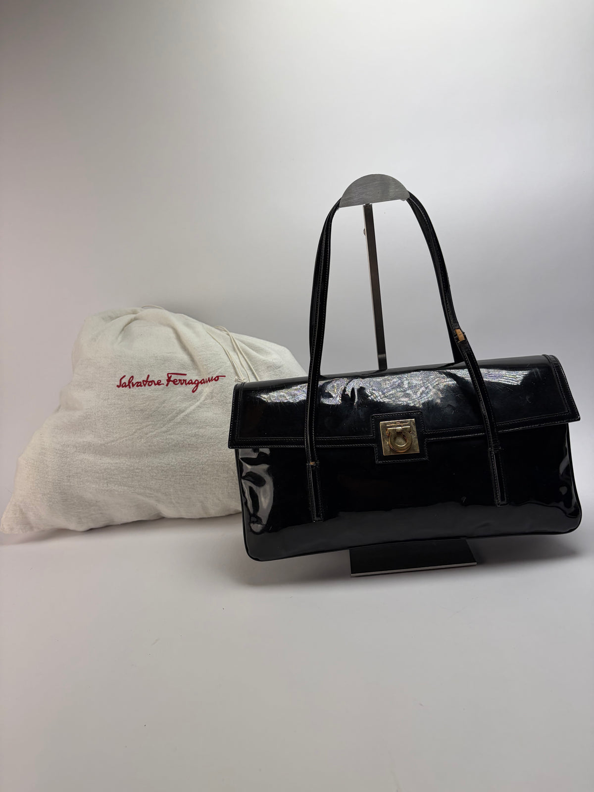 Vintage Ferragamo Patent Structured Top-Handle Bag Late 1990s Black