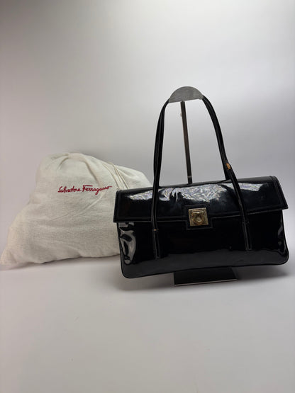 Vintage Ferragamo Patent Structured Top-Handle Bag Late 1990s Black