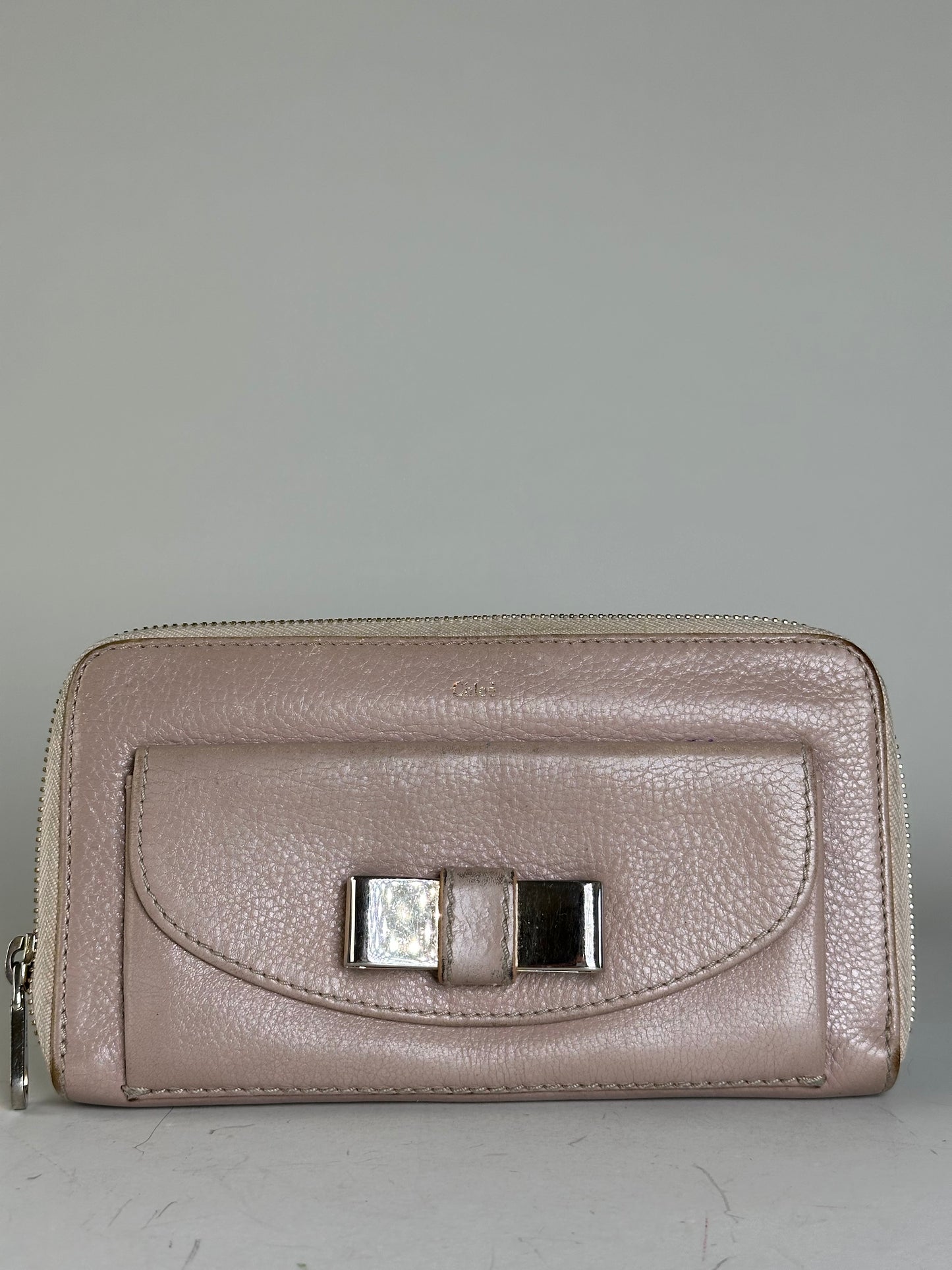 Vintage Chloe Pebbled Leather Zip Wallet Blush Pink Silver