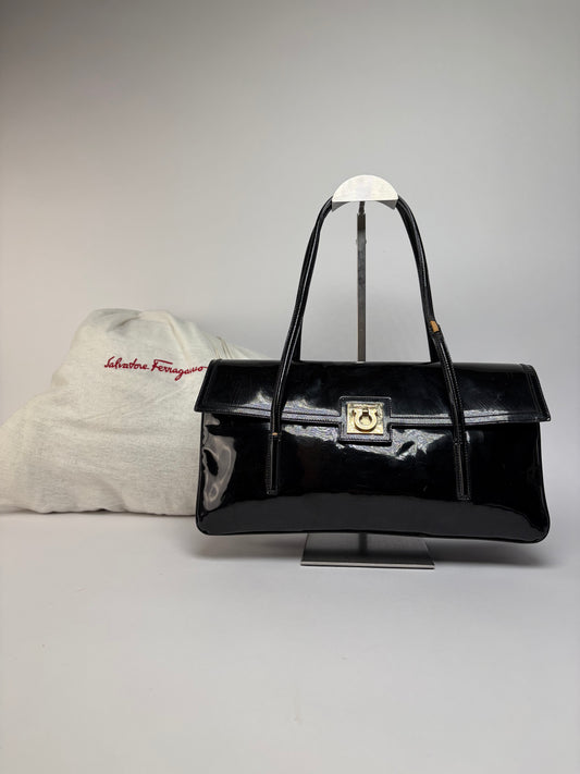 Vintage Ferragamo Patent Structured Top-Handle Bag Late 1990s Black