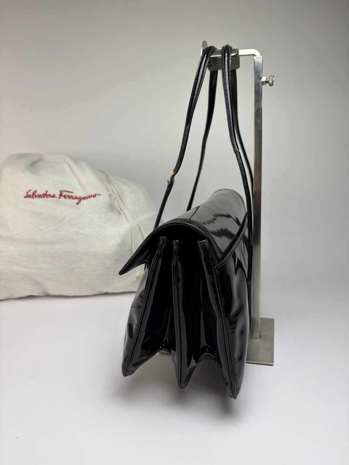 Vintage Ferragamo Patent Structured Top-Handle Bag Late 1990s Black