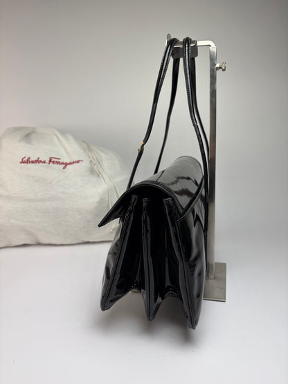 Vintage Ferragamo Patent Structured Top-Handle Bag Late 1990s Black