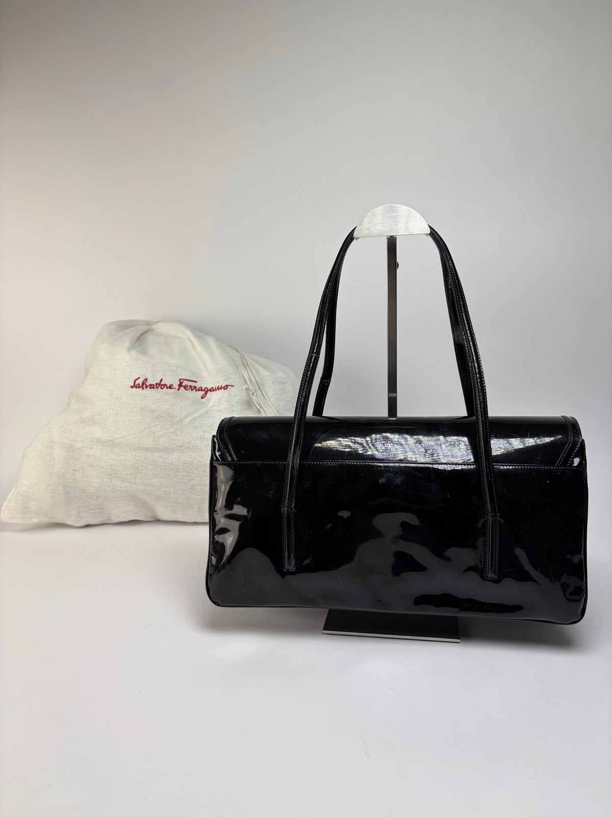 Vintage Ferragamo Patent Structured Top-Handle Bag Late 1990s Black
