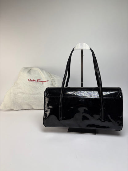 Vintage Ferragamo Patent Structured Top-Handle Bag Late 1990s Black