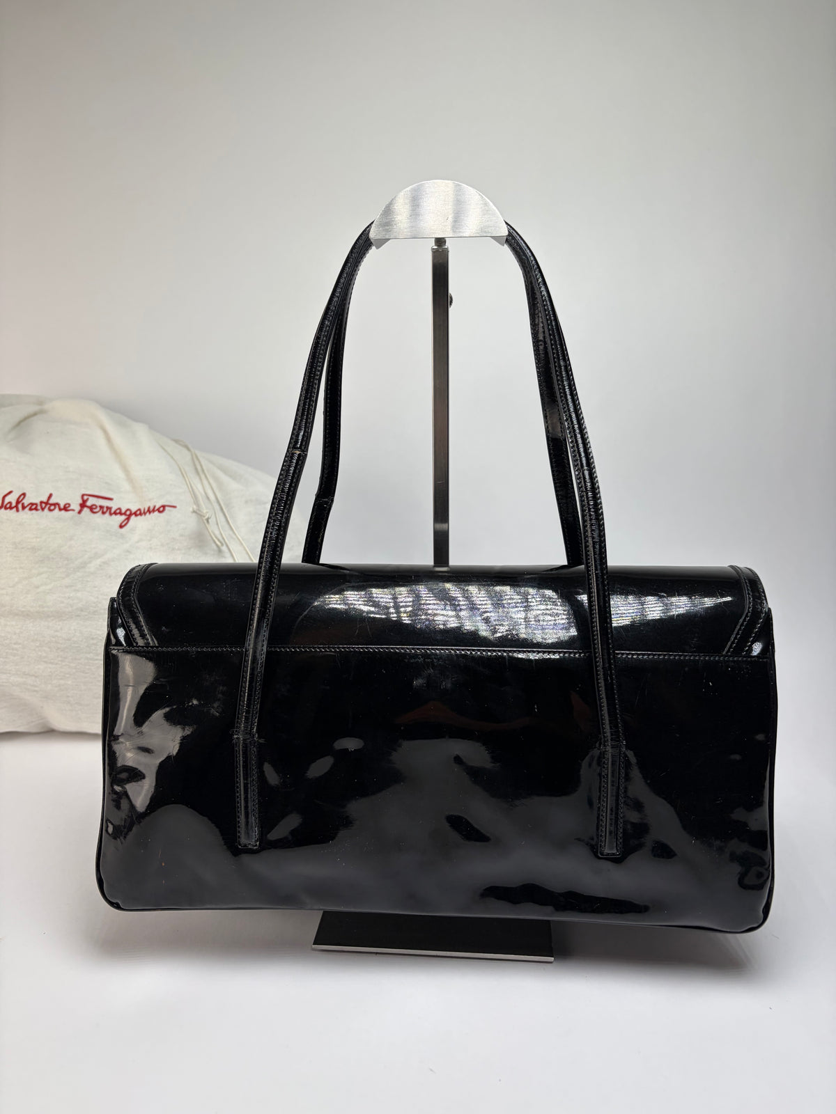Vintage Ferragamo Patent Structured Top-Handle Bag Late 1990s Black