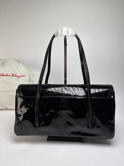 Vintage Ferragamo Patent Structured Top-Handle Bag Late 1990s Black