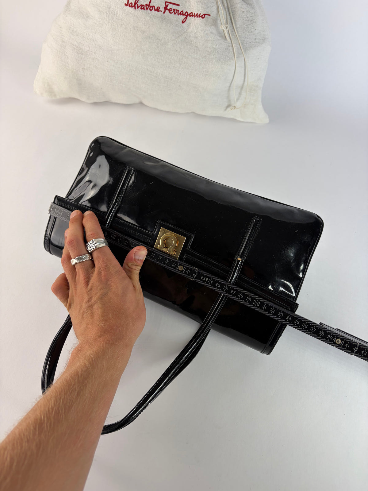 Vintage Ferragamo Patent Structured Top-Handle Bag Late 1990s Black