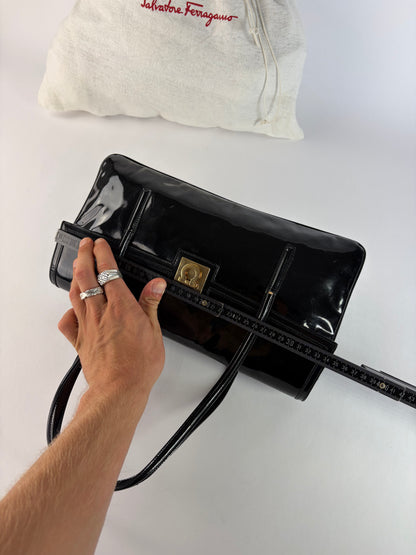 Vintage Ferragamo Patent Structured Top-Handle Bag Late 1990s Black