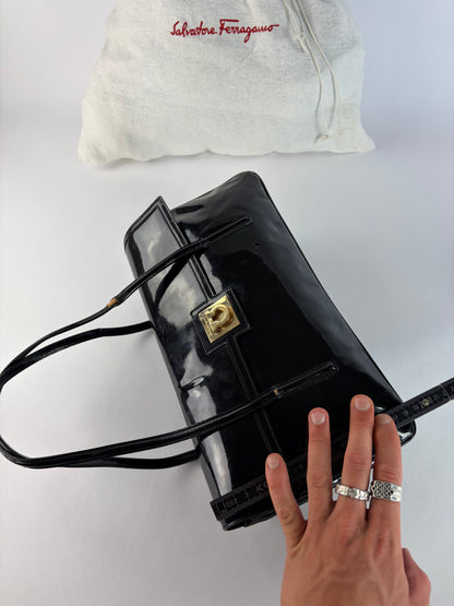 Vintage Ferragamo Patent Structured Top-Handle Bag Late 1990s Black